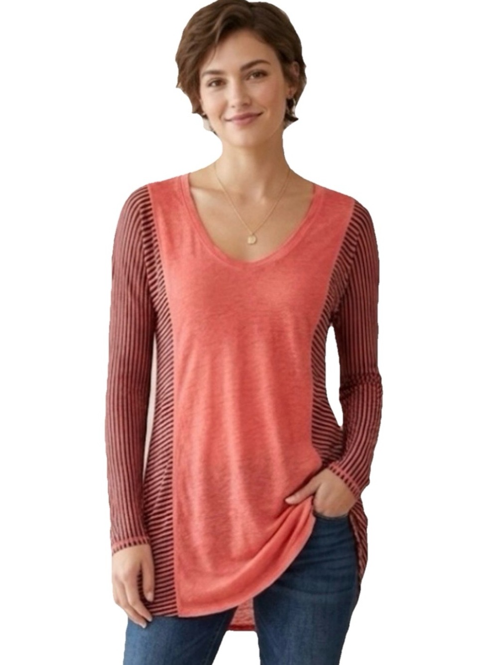 Pete & Greta Women’s Red Long Sleeve Striped Linen Shirt Size XS